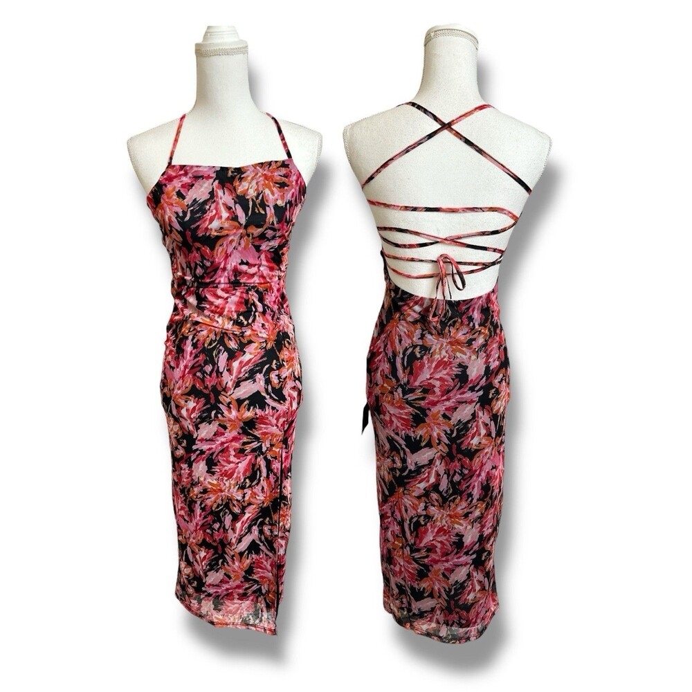 NWT Lulu’s Women's S My Favorite Attention Floral Mesh Lace-Up Midi Dress NEW